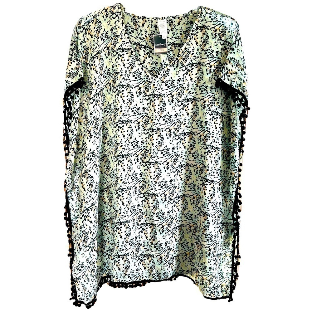 West Loop Animal Print Kimono Cover Up Boho Pom Pom Trim V Neck Sheer NWT OSFM